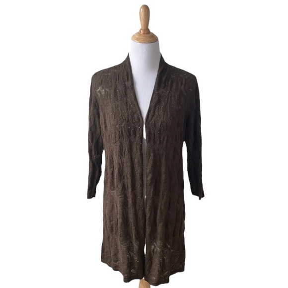 Eileen Fisher Brown Crystal Beaded Merino Wool Drape Front Cardigan Small - Picture 1 of 12